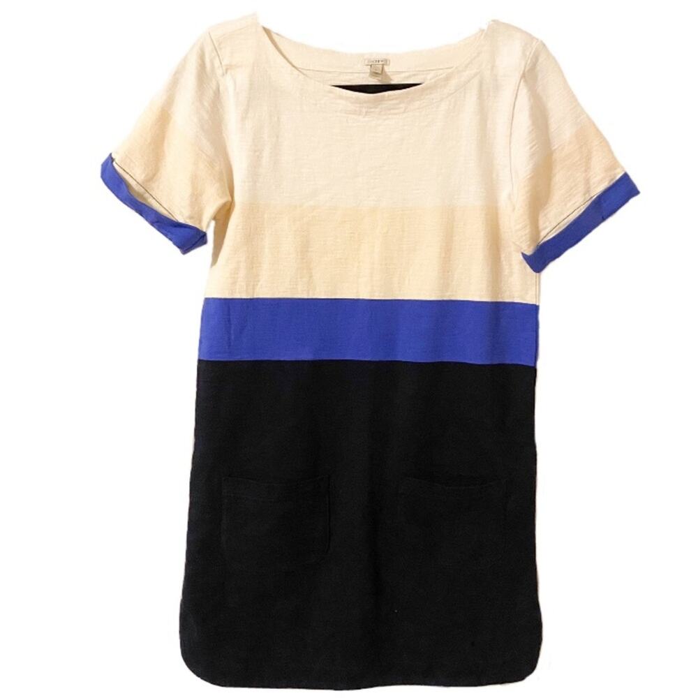 J Crew Blue Black Cream Short Sleeve Pocket Dress